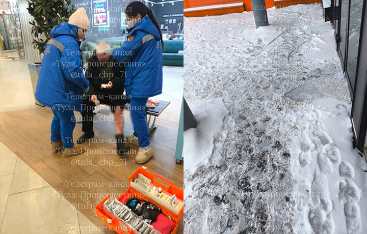 Мужчина поскользнулся и разбил нос на входе в ТРЦ «Макси» в Туле