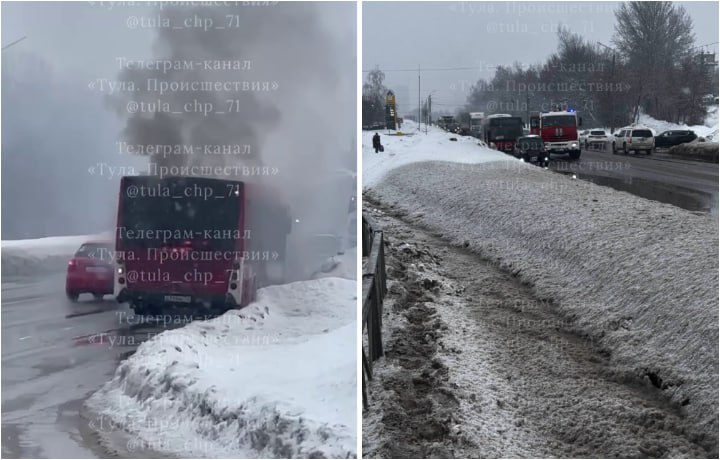 На улице Рязанской в Туле загорелся автобус