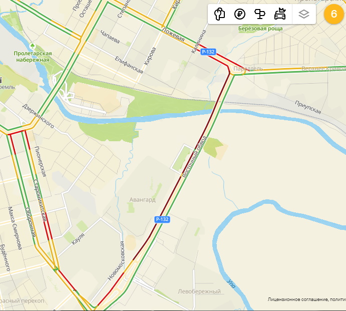 «Багровая» пробка на Рязанской улице в Туле / 2GIS «Багровая» пробка на Рязанской улице в Туле / 2GIS