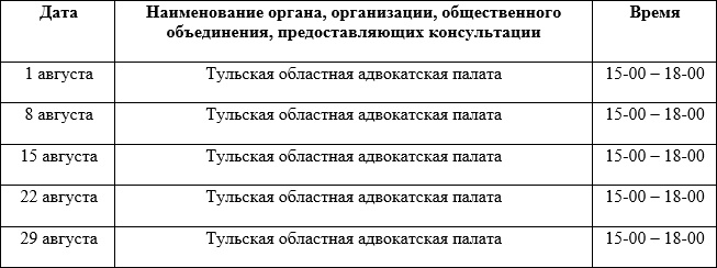 График бесплатных юридических консультаций для туляков на август / тульское правительство