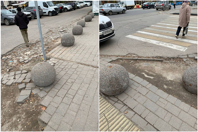 В Туле на проспекте Ленина пешеходную зону напротив пединститута обнесли каменными полусферами