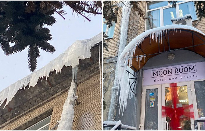 В Туле на улице Болдина гигантская сосулька нависла прямо над входом в салон красоты
