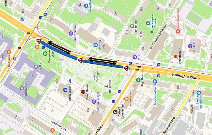 В ночь на 16 июня на проспекте Ленина в Туле изменится схема движения транспорта