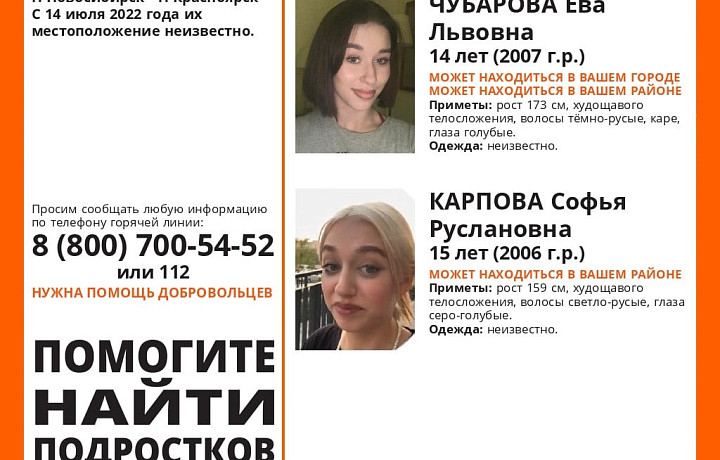 Пропавшие в Новосибирске и Красноярске девочки-подростки могут находиться в Тульской области