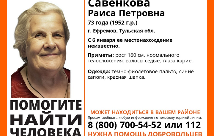 В Тульской области третью неделю ищут 73-летнюю пенсионерку, пропавшую в Ефремове