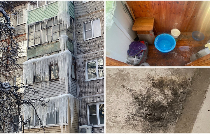 «Мы с этой текущей крышей боремся пятый год»: пенсионерка с инвалидностью ведрами выносит воду с балкона – дом заливает даже в минус 15