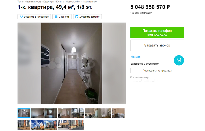 В Туле выставили на продажу однокомнатную квартиру за пять миллиардов рублей
