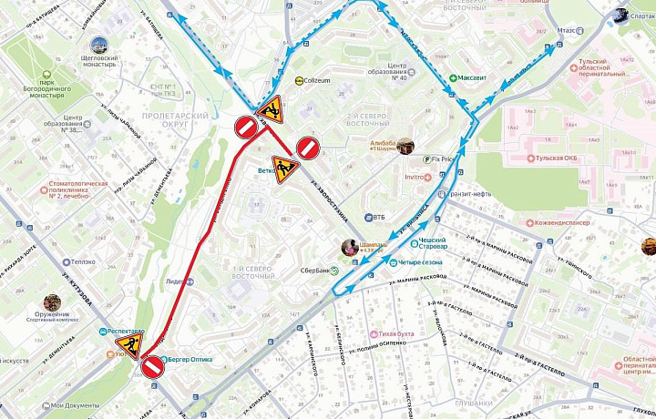 На части улиц Хворостухина и Бондаренко в Туле временно ограничили движение транспорта