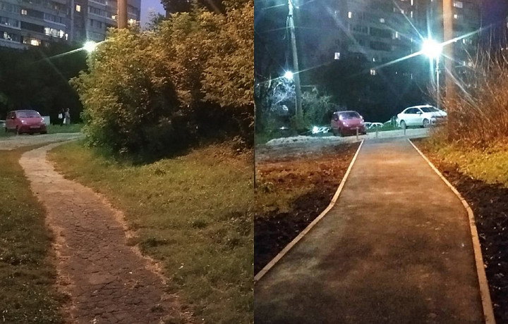 В Туле у одного из домов на улице Приупской отремонтировали дорожку и провели освещение