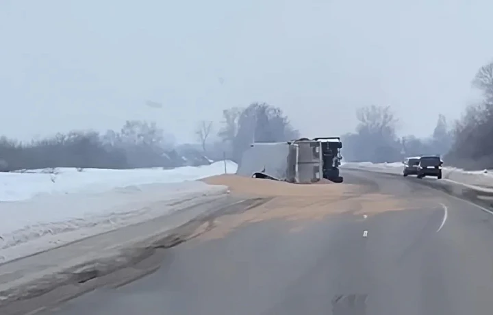Грузовик с зерном перевернулся в Тульской области