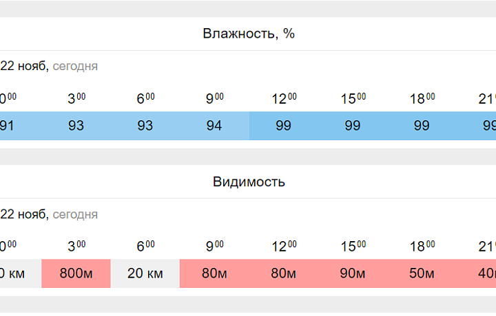 22 ноября в Тульской области ожидается почти стопроцентная влажность воздуха