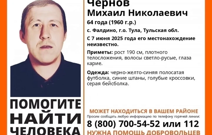 В тульском селе Фалдино 7 июня пропал 64-летний мужчина