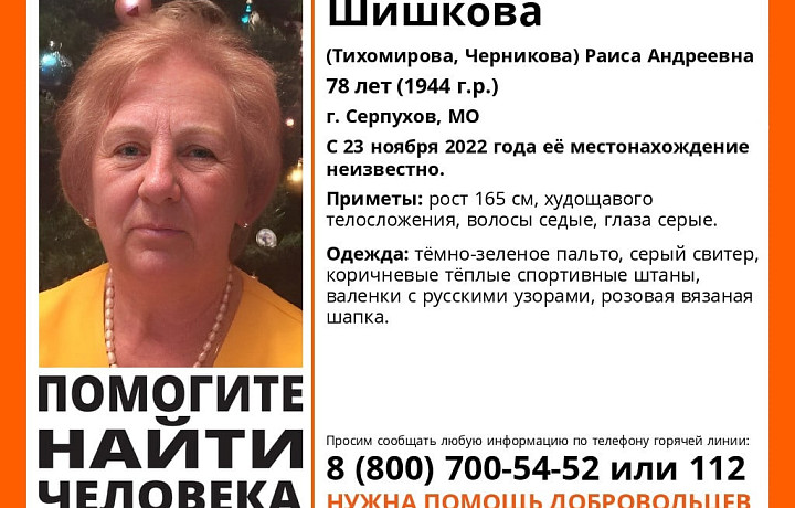 Пропавшая в Серпухове 78-летняя женщина может находиться в Тульской области