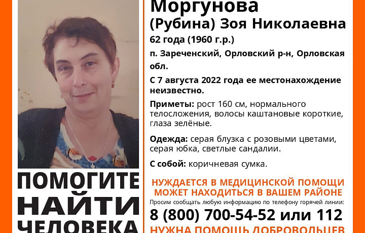 Пропавшая под Орлом 62-летняя женщина может находиться в Тульской области