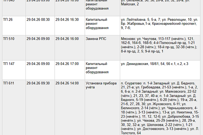 Стало известно, где в Туле отключат свет 29 апреля
