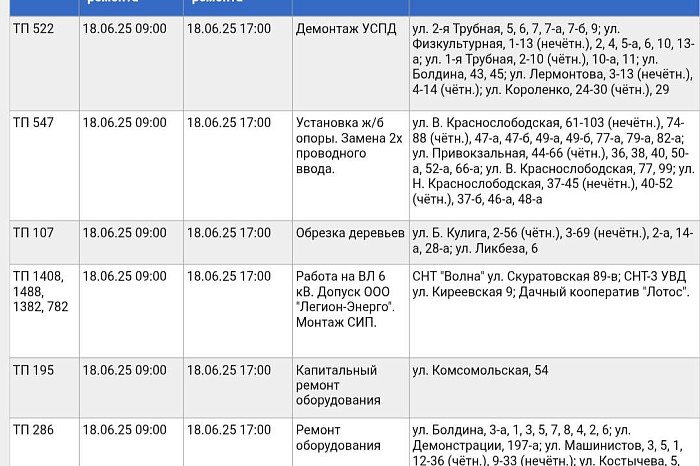 Стало известно, по каким адресам в Туле отключат электричество 18 июня