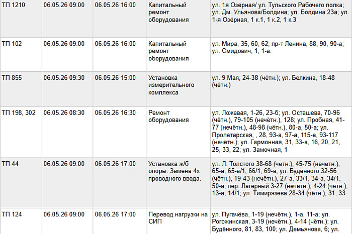Дома на 23 улицах Тулы останутся без света в среду, 6 мая