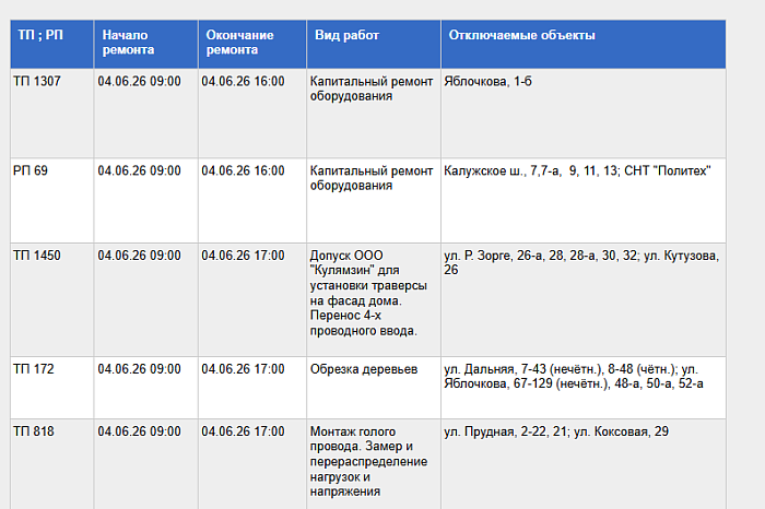 Десятки домов Тулы останутся без электричества 4 июня