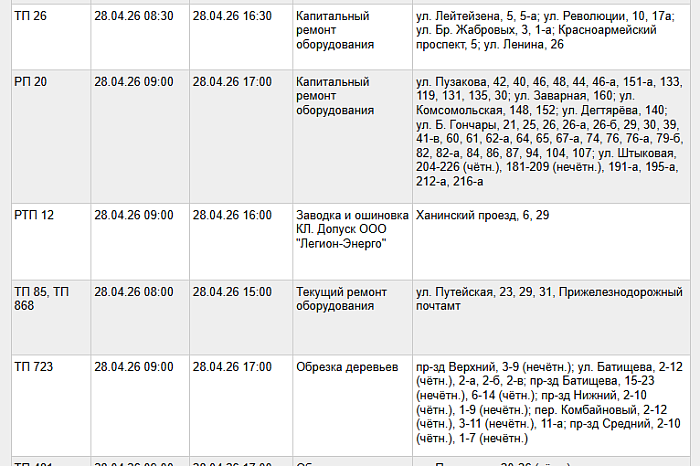 Стало известно, где в Туле не будет электричества 28 апреля