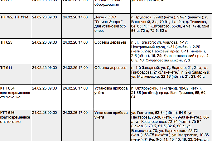 Стало известно, где в Туле отключат электричество 24 февраля