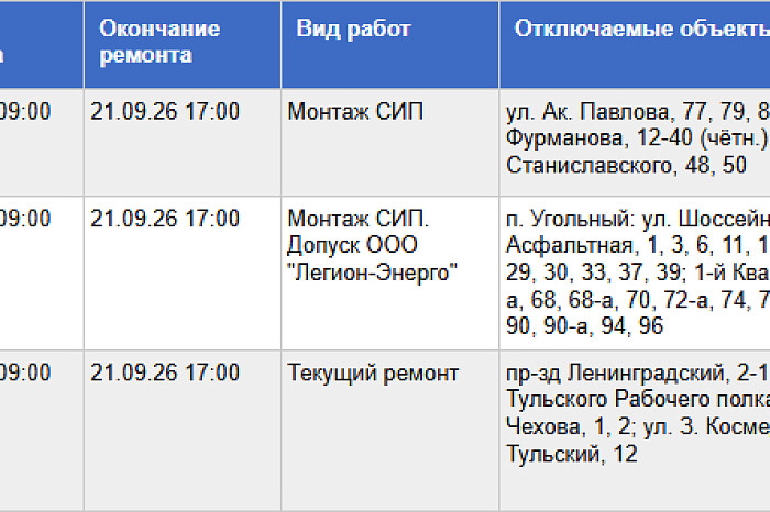 Часть Тулы и поселка Угольный останутся без света 21 сентября Часть Тулы и поселка Угольный останутся без света 21 сентября