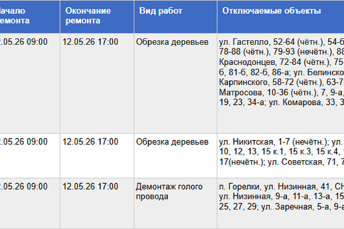 На десяти улицах Тулы и в части посёлка Горелки не будет света 12 мая