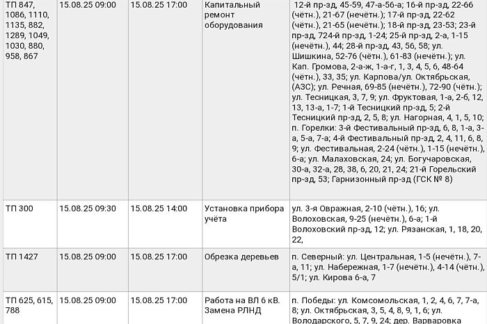 Три поселка и ряд улиц останутся без света в Туле 15 августа