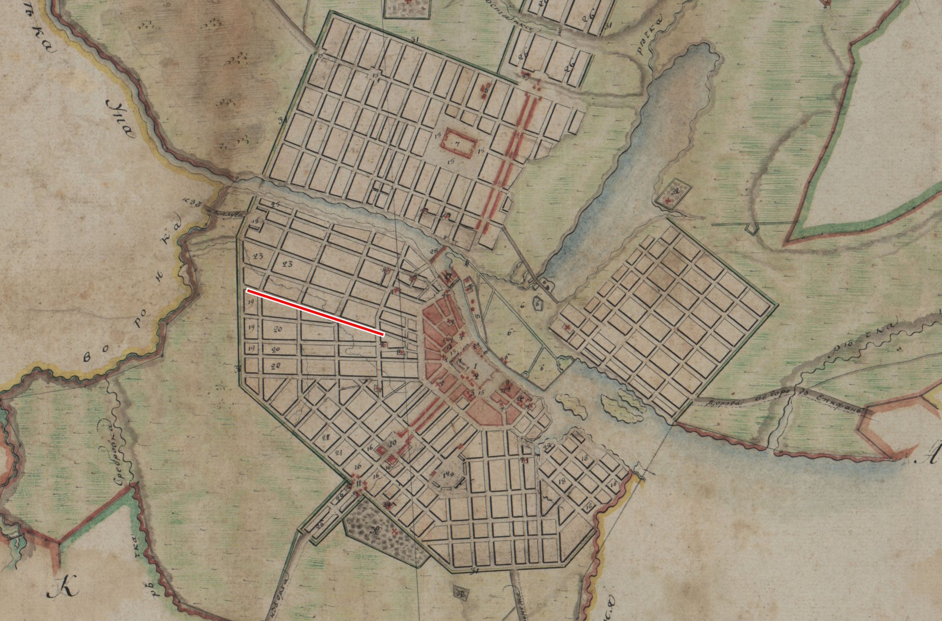 1787 год. План Тулы с портала ЭтоМесто. Красным отмечено примерное расположение будущего Красноармейского проспекта