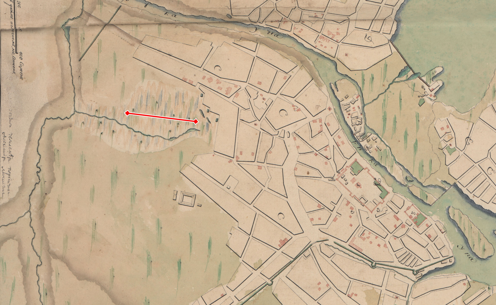 1778 год. План Тулы с портала ЭтоМесто. Красным отмечено примерное расположение будущего Красноармейского проспекта